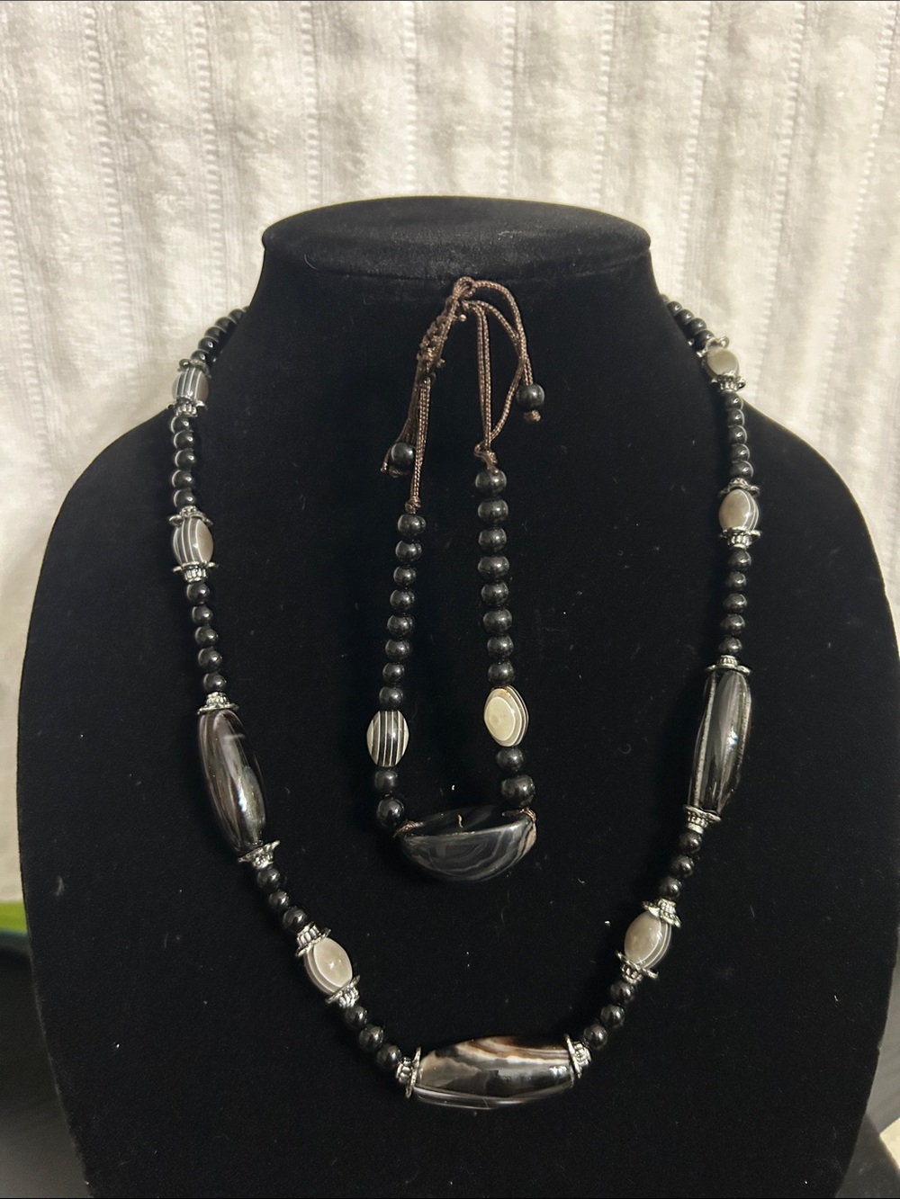 Black Agate Beaded Necklace and Bracelet Set with Silver Accents